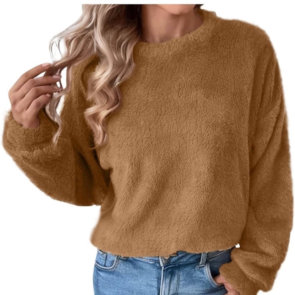 Aerie Brown Fuzzy Pullover Sweater size medium tan crewneck